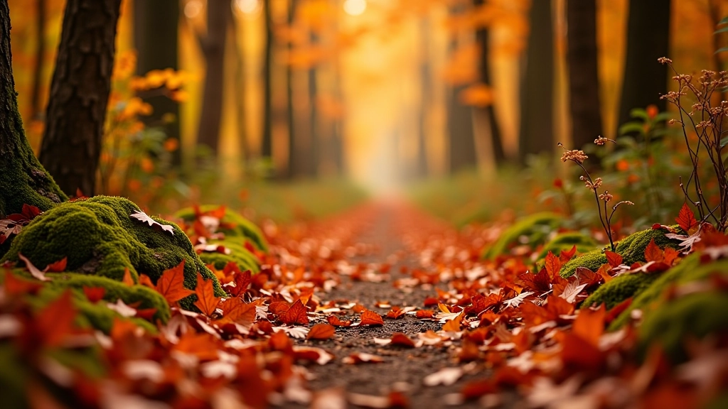 Forest floor covered in golden and red fallen leaves with partially visible tree roots and trail underneath, autumn light