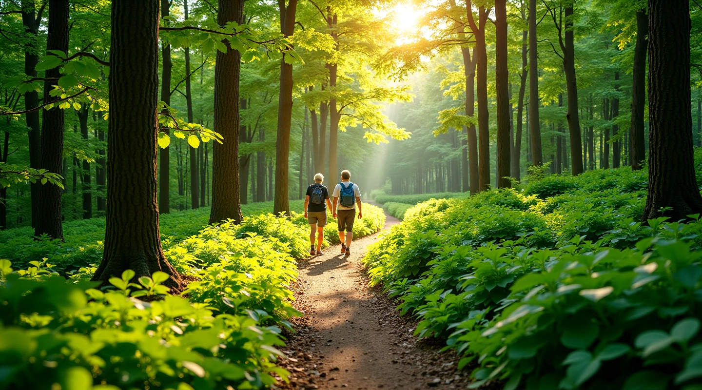Serene forest walking trail in Birštonas with natural vegetation and clear path