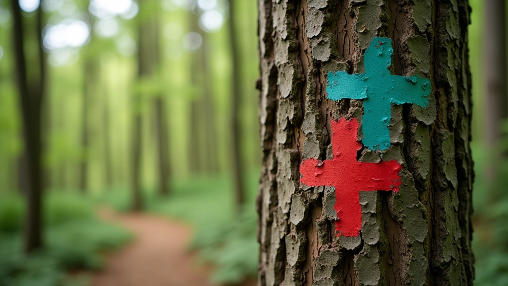 Close-up of colorful painted trail markers on forest tree trunk showing blue, green and red blazes in sequence