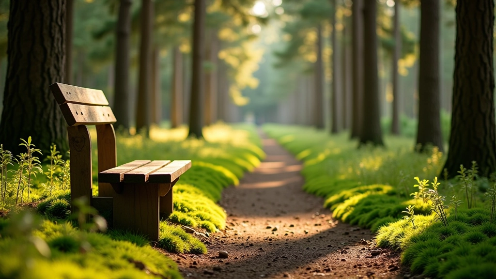 Comfortable wooden bench with backrest situated on peaceful forest path surrounded by tall pine trees and green moss