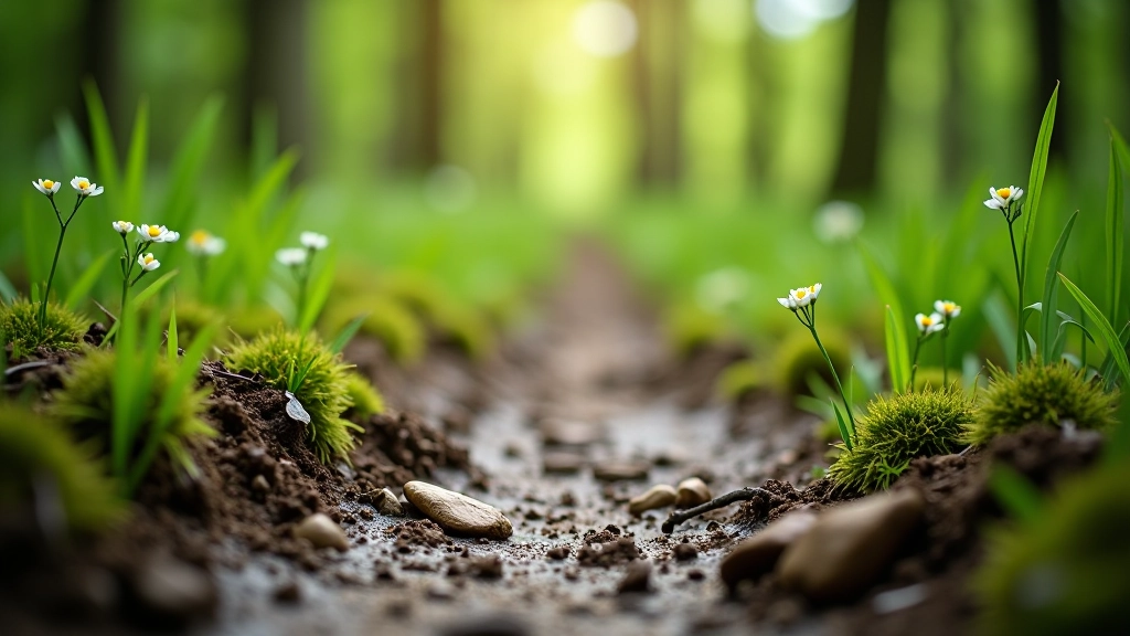 Forest path in spring with fresh green shoots, patches of wet earth, and new wildflowers blooming along the edges