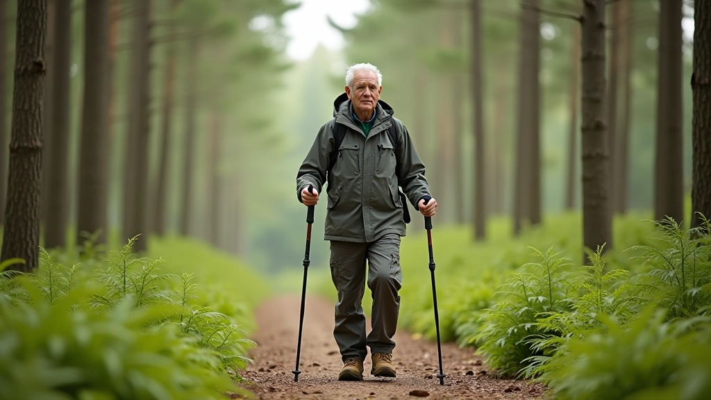 Hiker with proper gear standing on forest trail, wearing hiking boots, waterproof jacket, holding walking poles, checking path conditions