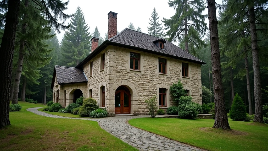 Historic thermal bath building from 1930s era with stone architecture, spa resort facilities among forest trees, vintage style architecture