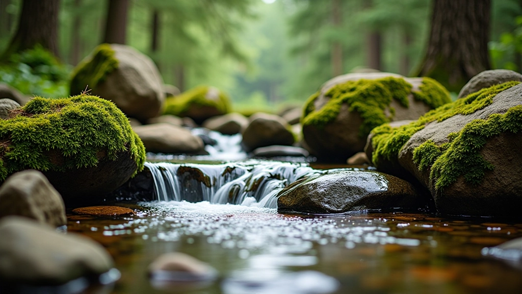 Natural mineral spring water flowing gently over smooth rocks with forest vegetation surrounding the source in natural light