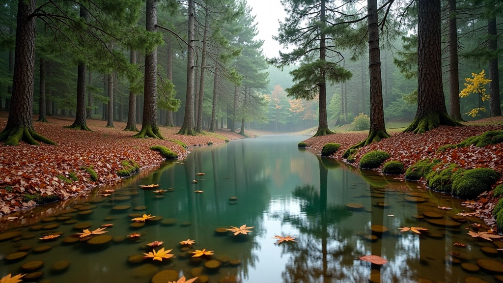 Serene forest pool of mineral water reflecting pine trees, autumn leaves floating on surface, natural thermal bath surrounded by woodland