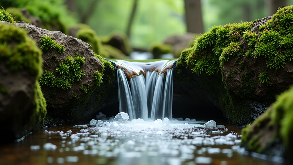 Close-up of mineral spring water flowing from natural stone formation surrounded by moss and pine needles