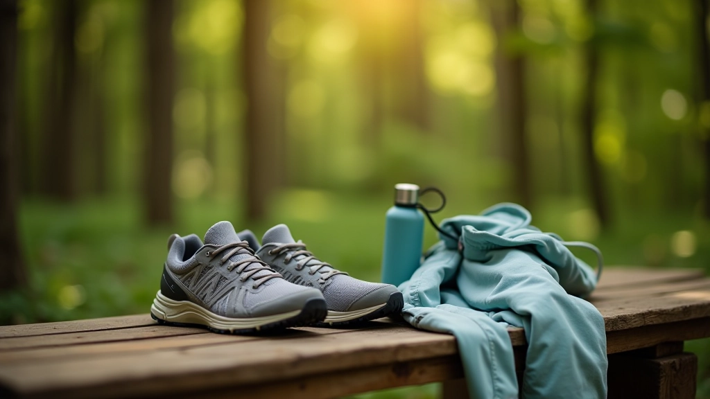 Walking shoes and outdoor accessories arranged on wooden surface, water bottle nearby, practical hiking preparation