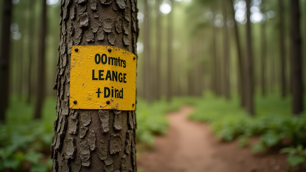Painted trail marker on pine tree trunk showing colored blaze with distance measurement, surrounded by forest undergrowth