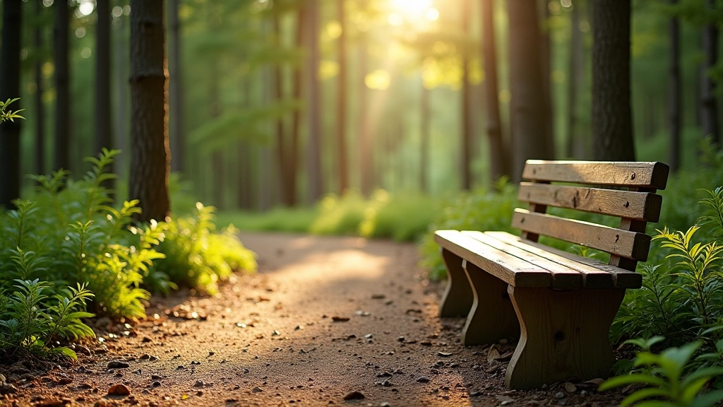 Wooden rest bench on forest trail with view of mineral spring pavilion in distance through trees
