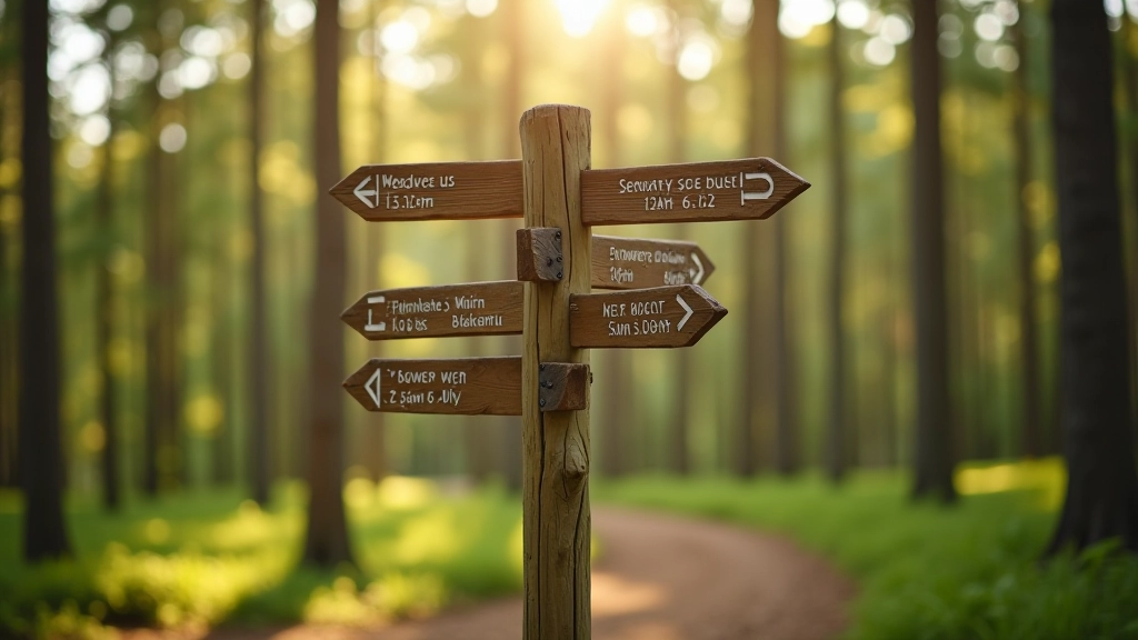 Forest trail junction showing wooden signpost with multiple directional arms, distance information, and trail names clearly readable