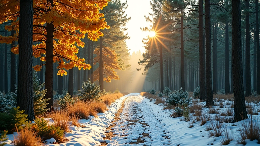 Forest in different seasons - autumn leaves and winter snow