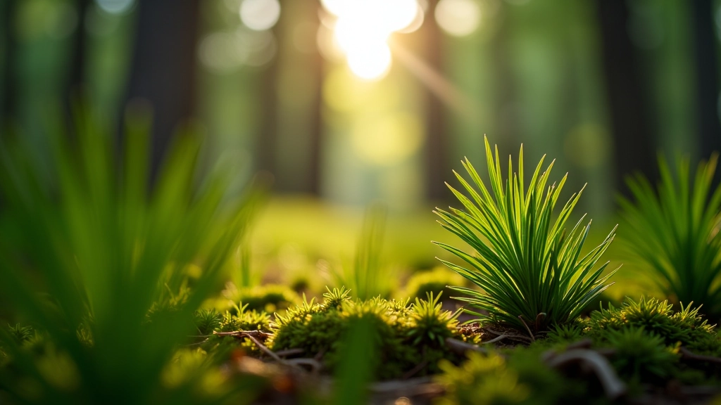 Close-up of pine needles and forest canopy, dappled sunlight creating patterns on the ground, peaceful natural setting