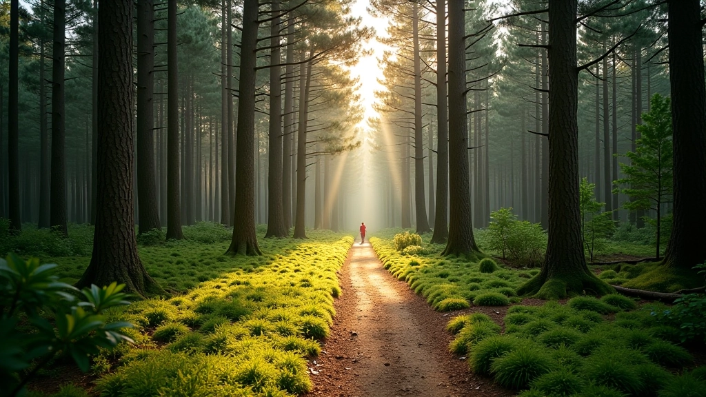 Pine forest trail with walking path