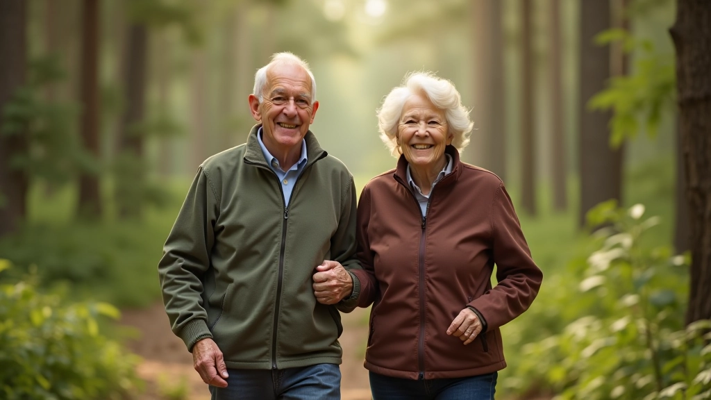 Senior man and woman walking together on peaceful forest path holding walking poles, enjoying morning in nature