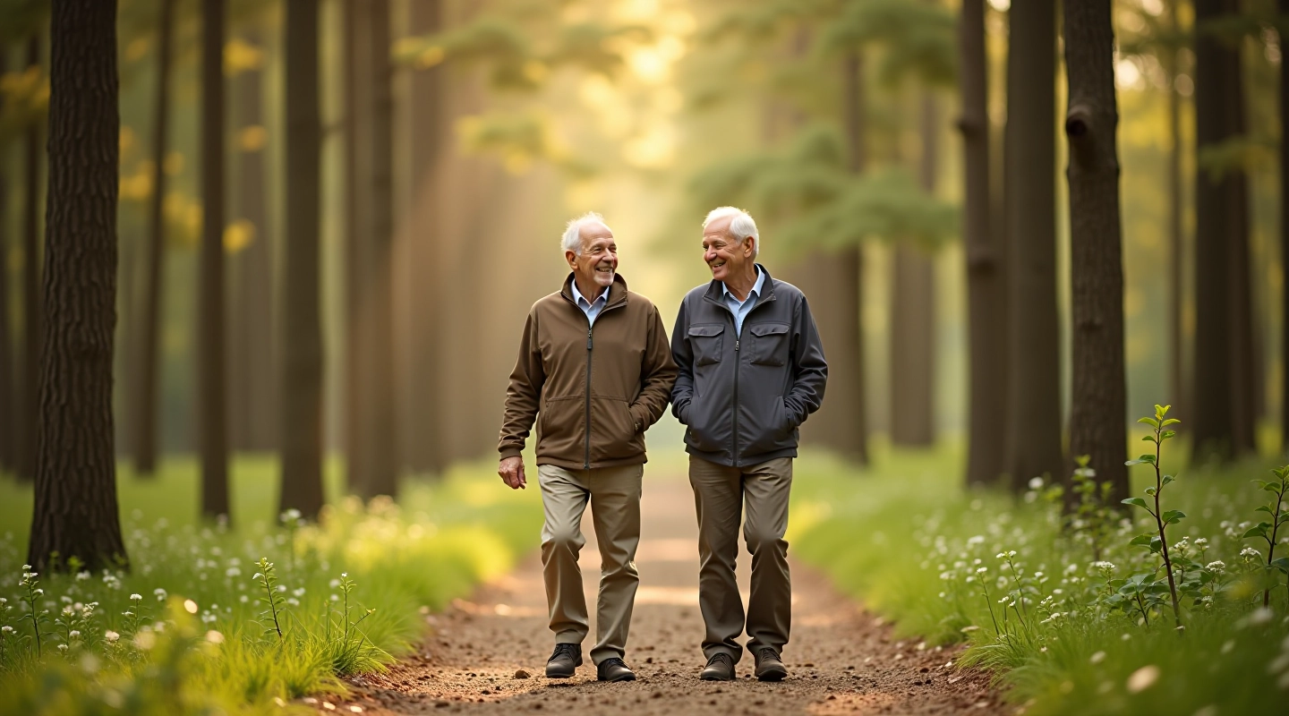 Senior couple walking on forest path lined with tall pine trees, sunlight filtering through branches