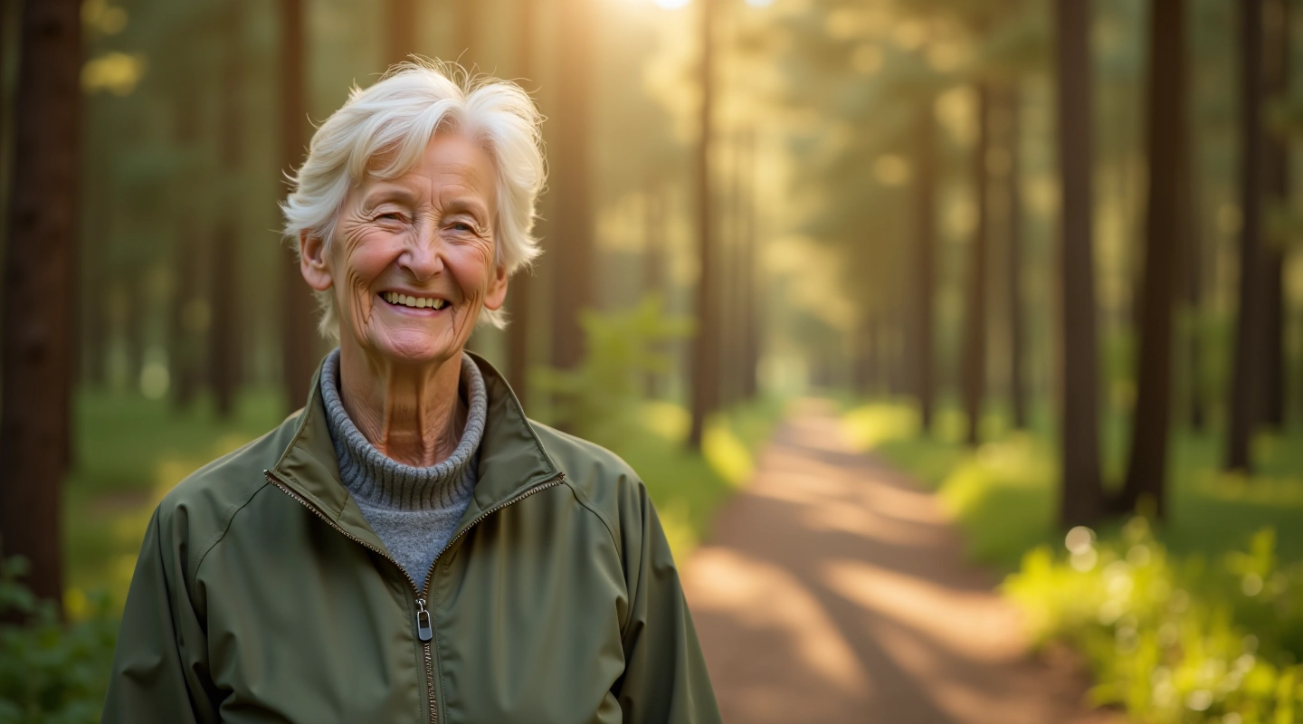Senior woman walking peacefully through pine forest path with natural mineral spring in background