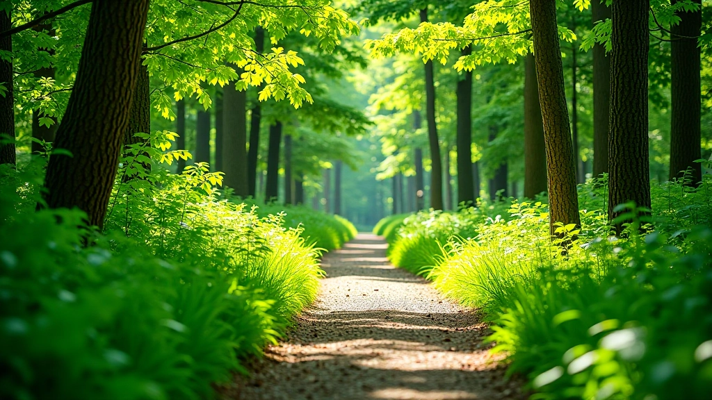 Forest trail in summer with lush green vegetation, sunlight creating patterns on the walking path, healthy forest environment