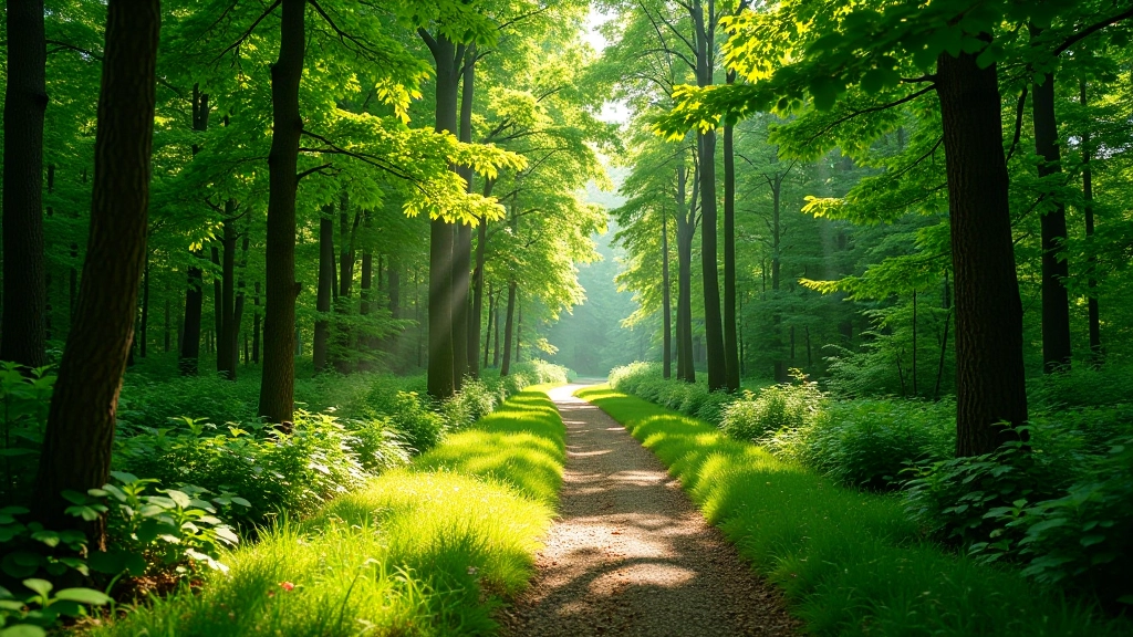Dense green forest canopy in full leaf creating cool shade on a wide trail, bright edges of light filtering through branches