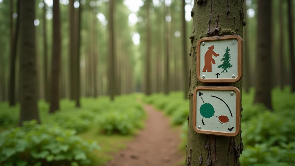 Trail marker and navigation signage in forest