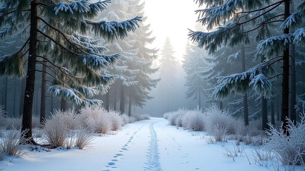 Pine forest in winter with frost or light snow on branches, sparse light filtering through bare branches, cold atmospheric lighting