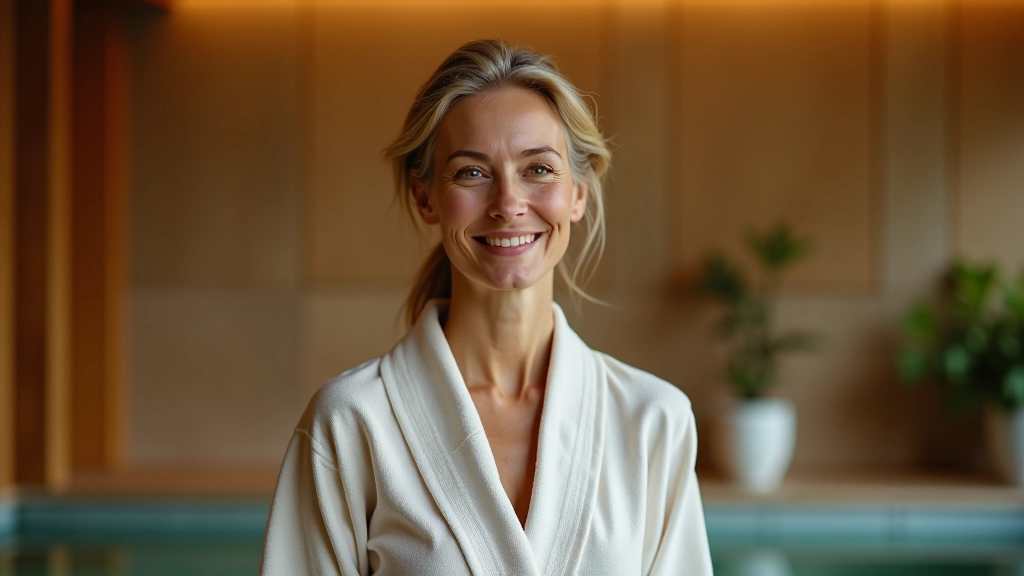 Woman in spa setting with towel, relaxed expression, indoor thermal bath facility with stone architecture and warm lighting