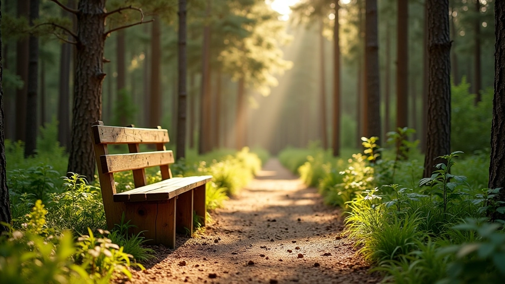 Peaceful forest path with wooden benches positioned along the trail, pine trees creating natural canopy overhead, clear marked pathway