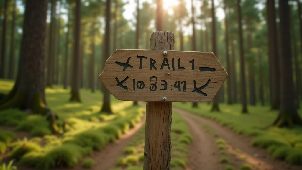 Clear wooden directional trail sign post showing route distance and difficulty level in forest setting with pine trees