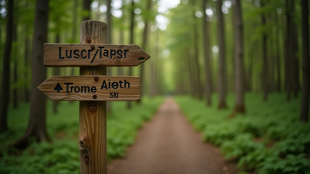 Wooden signpost on forest trail showing directions and distance markers, forest path continuing into background